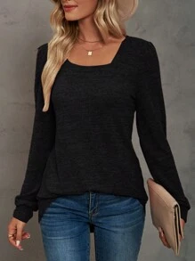 Women Tunic Tops Long Casual Sleeve T Shirts Loose Fit Pullover Blouses Square Neck For Fall Spring Puff Sleeve Sweathirts - 黑色 - 查看 1