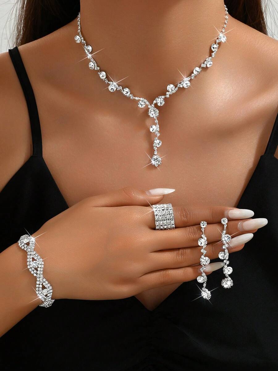 2025 Fashionable Crystal Necklace, Earrings, Bracelet, Ring 4-Piece Jewelry Set, Versatile Bridal Accessories - Silver - View 1