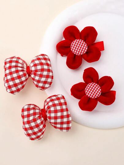 4pcs Red Plaid Pattern Hair Bows For Girls,Cute Bubble Flower Hair Clips,Girls Holiday Photo Decor Barrettes Clips,Kids Baby Hair Accessories, For Love Valentine
