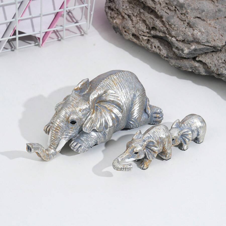 1隻栩栩如生的樹脂材質三隻堆疊大象公仔,適用於母親節禮品、辦公室陳設、客廳、家居裝飾等節日禮品 - 銀色 - 查看 1