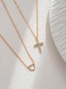 2 mặt dây chuyền hình trái tim và chữ thập Cubic Zirconia thanh lịch nhiều lớp cho phụ nữ, phụ kiện hẹn hò hàng ngày, quà tặng lễ hội Valentine, mẹ, mẹ, ngày của mẹ, quà tặng - Vàng - Xem 2