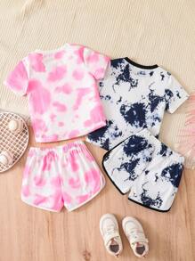 2pcs/Set Young Girls' Casual Tie-Dye Short Sleeve T-Shirt And Shorts, Comfortable And Cool Matching Set