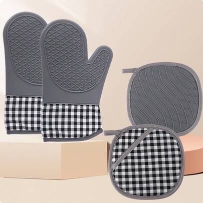 Silicone Oven Gloves And Pot Holder Sets, Heat-Resistant Backing Gloves, Kitchen Tools Thick Gloves, Heat Insulation Pads, Baking And Barbecue Silicone Gloves, Kitchen Accessories
