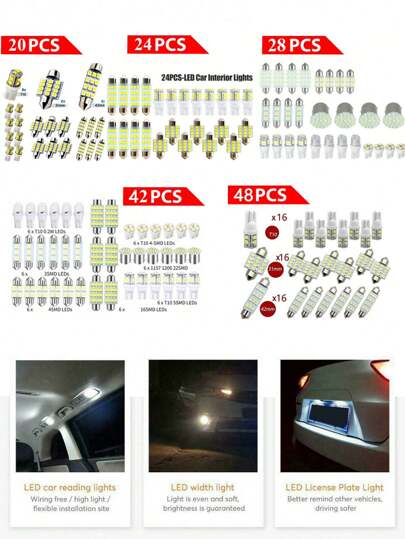 مجموعة تركيبات Led متعددة الوظائف للسيارة شاملة: مؤشر عرض T10، إضاءة قراءة ذات نقطتين، إضاءة لوحة ترخيص، إضاءة داخلية، 20/24/28/42/48 قطعة/مجموعة