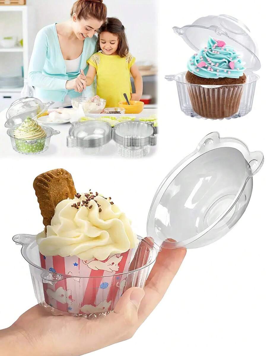 10 Piezas/20 Piezas/30 Piezas Caja De Embalaje Para Postres Linda Con Oso De Dibujos Animados, Bandeja Para Cupcake Con Muffin, Caja De Embalaje De Un Solo Compartimento Transparente - transparente - Ver 1