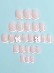 24 uñas postizas cortas de color rosa, puntas francesas blancas puntiagudas, decoración de lazos blancos, manicura de lujo, adecuado para mujeres y niñas, suministros de arte de uñas - Multicolor - Ver 2