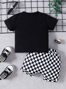 Baby Boy 2pcs Pocket Short Sleeve Top And Black & White Plaid Shorts Simple Fashionable Outfit Spring & Summer, For Christmas