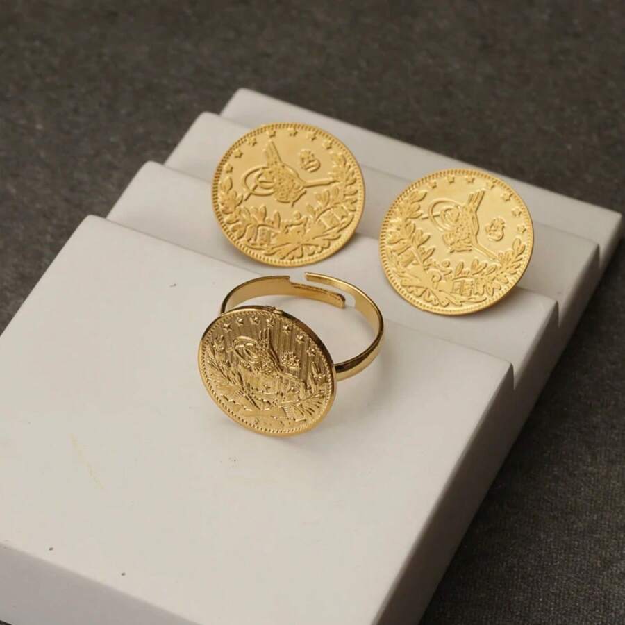1pair Earrings & 1pc Ring Set Arabic Wedding Jewelry For Bride, Adjustable Size, Coin Shaped, Gold Plated, Party Gift - Gold - View 1