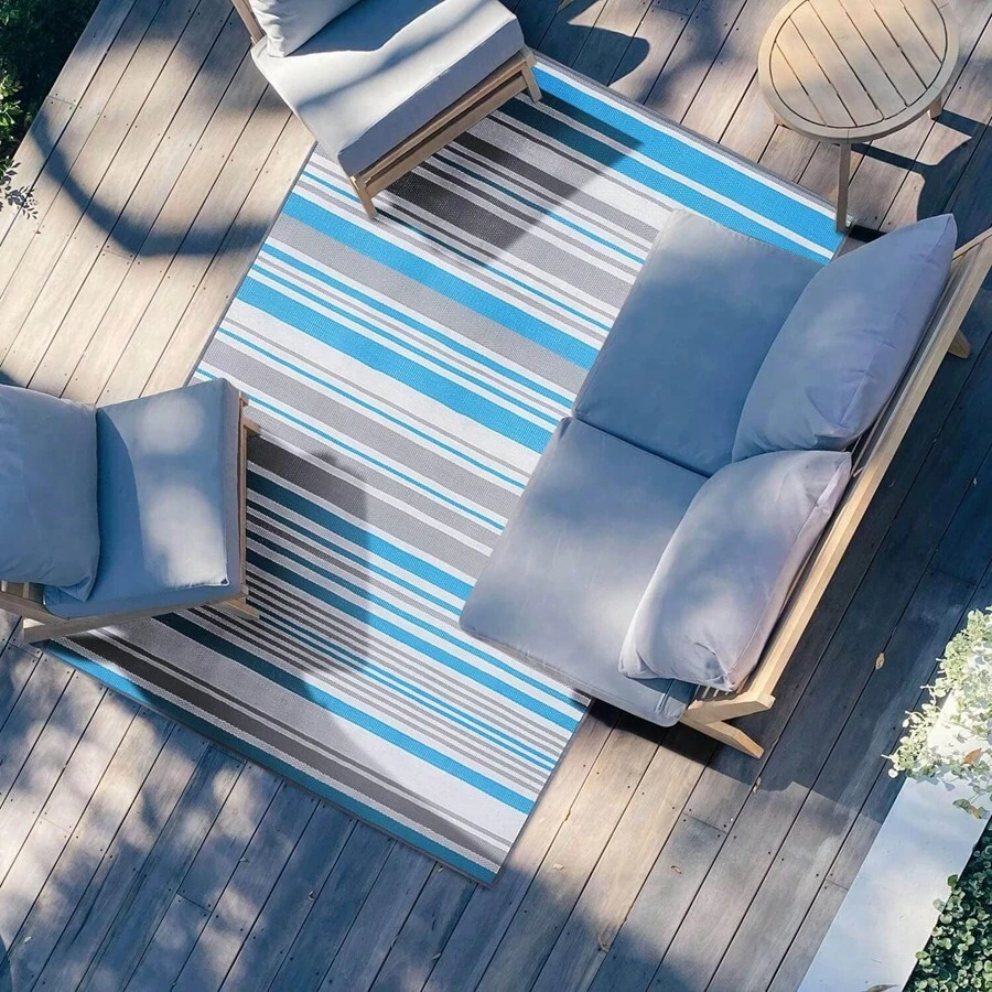 Outdoor Patio Rug Waterproof Camping - Outdoor Area Rugs Carpet Waterproof, Outdoor Plastic Straw Rug For Patios Clearance, Outdoor Rugs For Camping, Porch, Deck, Balcony, Backyard, Blue - Blue+White+Grey - View 1
