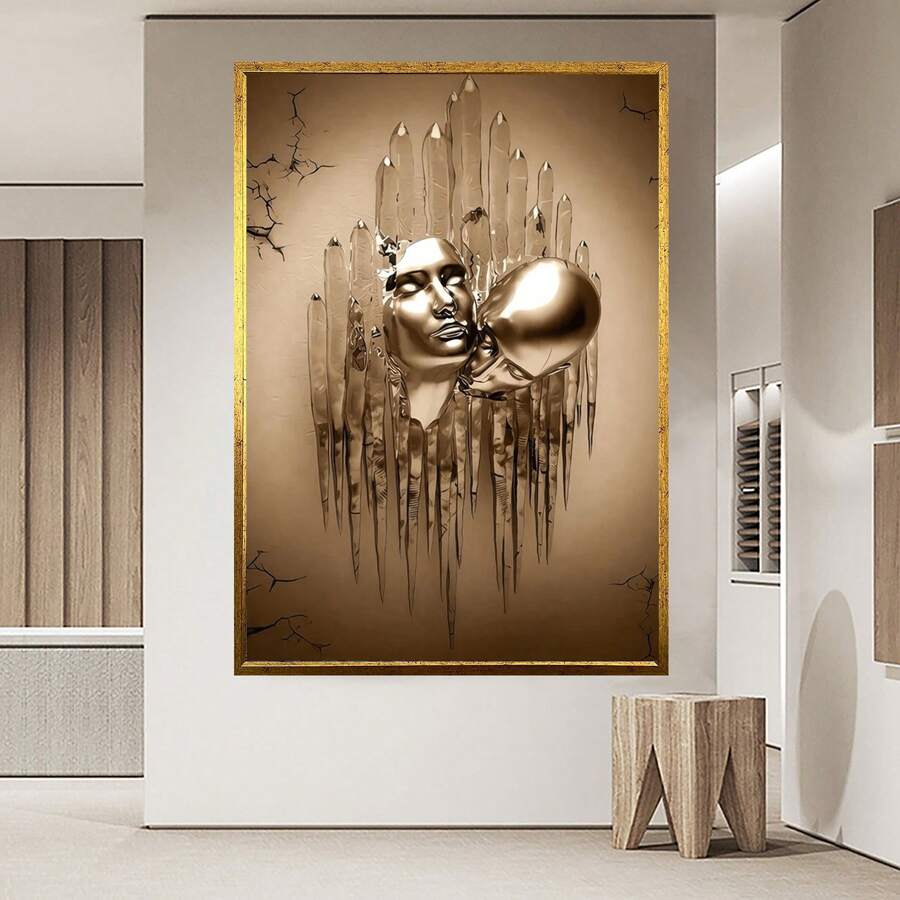 1入愛心金屬效果藝術牆飾現代畫廊油畫牆壁夫妻金色畫照情侶海報印刷浪漫擁抱浴室臥室客廳無框畫 - 彩色 - 查看 1