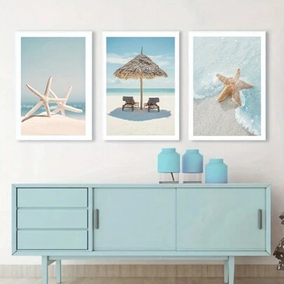 3入組海景畫作,藍色沙灘海星風景的畫布繪畫-令人驚嘆的旅遊風景海報,適用於客廳裝飾和家居裝飾,不含框架