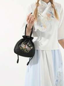 迷你优雅花卉刺绣抽绳设计水桶包，送给妈妈的母亲节礼物，时尚抽绳手提包，完美的日常手机零钱手提包，双手柄钱包（黑色） - 黑色 - 查看 2