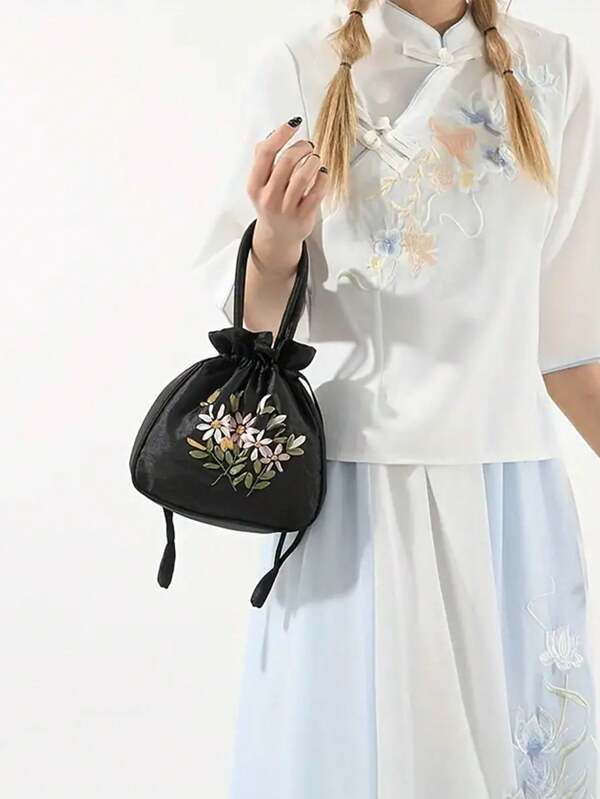 Mini Elegant Floral Embroidered Drawstring Design Bucket Bag, Mother's Day Gift For Mom, Fashion Drawstring Handbag, Perfect Phone Coin Hand-Held Bag For Daily Use, Double Handle Purse (Black)