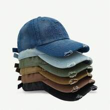 Không giới tính Người Mỹ Thêu Chữ Mũ bóng chày Với Đau khổ Denim mùa giặt Denim , Rách Hố Thiết kế Và Ngắn Brim , Hoàn hảo Đối với Trang phục trên phố Và Mặt Giảm béo - Nhiều màu - Xem 2