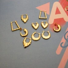 5對簡約不銹鋼圓形/方形/扭結油壓環耳環套裝 - 金色 - 查看 21