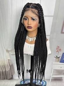 Full Double Lace Braid Wig  Full Lace Wig  36" Box Braided Wigs Lace Front Knotless Box Braids Lace Frontal Wig For Women Synthetic Black Hand Embroidery Full Double Lace Braid Wig With Baby Hair - Black - View 6