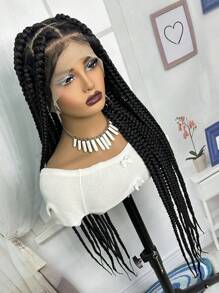 Full Double Lace Braid Wig  Full Lace Wig  36" Box Braided Wigs Lace Front Knotless Box Braids Lace Frontal Wig For Women Synthetic Black Hand Embroidery Full Double Lace Braid Wig With Baby Hair - Black - View 8