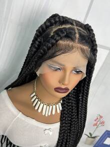 Full Double Lace Braid Wig  Full Lace Wig  36" Box Braided Wigs Lace Front Knotless Box Braids Lace Frontal Wig For Women Synthetic Black Hand Embroidery Full Double Lace Braid Wig With Baby Hair - Black - View 7
