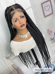 Full Double Lace Braid Wig  Full Lace Wig  36" Box Braided Wigs Lace Front Knotless Box Braids Lace Frontal Wig For Women Synthetic Black Hand Embroidery Full Double Lace Braid Wig With Baby Hair - Black - View 5