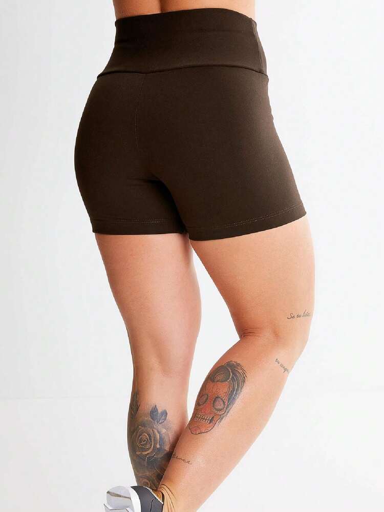 Short Feminino Marrom Suplex Moda Fitness Não Transparente Cintura Alta Academia Dia a Dia Exercícios Corrida Crossfit Praia - Marrom - Visão 4