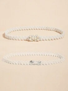 2pcs Women Pearl Elastic Waist Chain With Gold Flower & Bow Accent, Suitable For Evening Dress, Parties, Weddings, Mother's Day Gift
