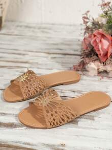 Sandalias De Playa De Moda Para Mujer Decoradas Con Pedrería De Colores Brillantes, Cómodos Y Fáciles De Deslizar - Caqui - Ver 2