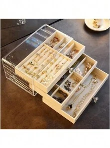 Cajonera Joyero De 3 Niveles Portátil Caja de Joyería Organizador Pulseras, Collares, Anillos, Pendientes - Beis - Ver 1