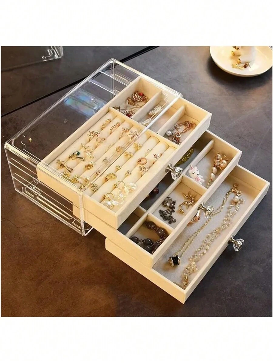 Cajonera Joyero De 3 Niveles Portátil Caja de Joyería Organizador Pulseras, Collares, Anillos, Pendientes - Beis - Ver 1