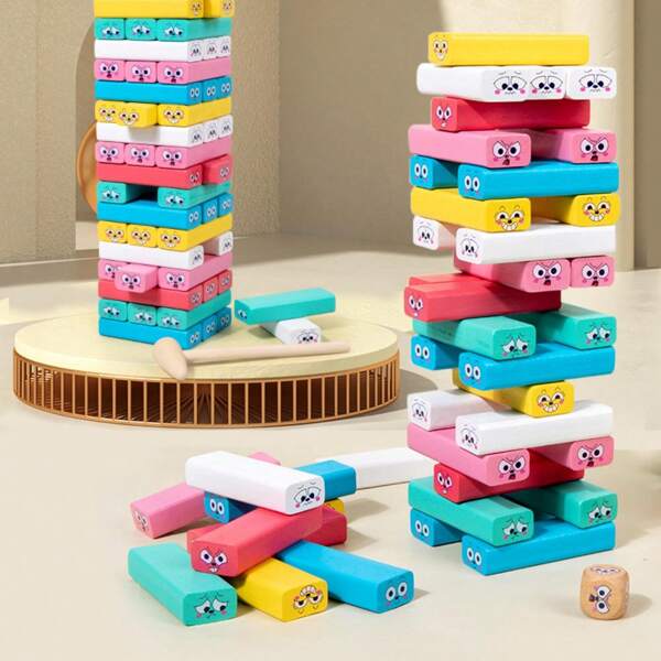 51 Pieces Wooden Tumble Tower Game With Expression & Colors, Educational Family Board Game For Kids Ages 3-9, Creativity & Cognitive Skills Booster - Gift For Boys Girls 3+ Years