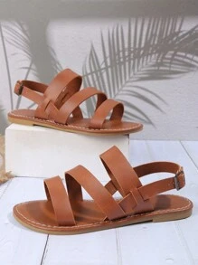 1 Pair Kids Flat Black Sandals, Solid Color PU, 3 Straps, Adjustable Buckle, Round Toe, TPR Non-Slip Sole, Lightweight, Cute, Suitable For 8+ Years Old Boys & Girls, Summer Beach Use, Run Small - Suggest Order 1 Size Up