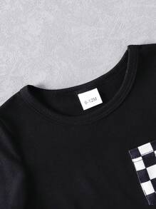 Baby Boy 2pcs Pocket Short Sleeve Top And Black & White Plaid Shorts Simple Fashionable Outfit Spring & Summer, For Christmas
