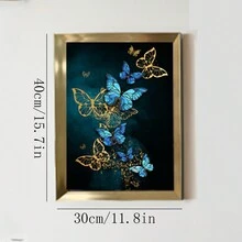 1套豪華淺藍色和金色蝴蝶帶框帆布壁畫,適用於客廳、臥室、酒店裝飾 - 金色 - 查看 5