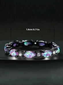 1pc Full Circle Handmade Black Gun Plating Women's Ring With Artificial Opal Inlay, Daily Wearing Ring