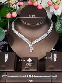 1 Pieza Juego De Joyas Con Forma De Hoja De Sauce De Circonita Cúbica Elegante, Adecuados Para Compromiso Y Boda - Plateado - Ver 6
