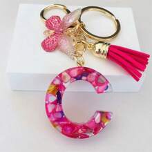 1pc Women's Initial Keychain With Pink Resin Letter, Rhinestone & Butterfly Pendant For Bag/Purse Boho - Hot Pink - View 24