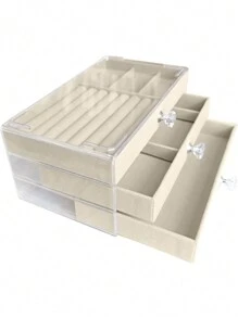 Cajonera Joyero De 3 Niveles Portátil Caja de Joyería Organizador Pulseras, Collares, Anillos, Pendientes - Beis - Ver 4