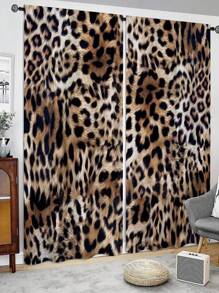2pcs Leopard Print Window Curtain,Without Holes Curtain,Refer To Bedroom Office Kitchen Living Room Study Home Decor - Multicolor - View 4