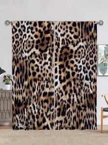 2pcs Leopard Print Window Curtain,Without Holes Curtain,Refer To Bedroom Office Kitchen Living Room Study Home Decor - Multicolor - View 2
