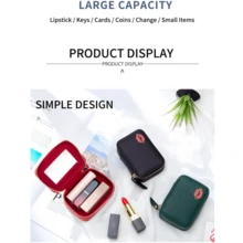 迷你便攜式pu皮革化妝包,帶有鏡子和三個口袋,可存放口紅,時尚的口紅支架 - 黃色 - 查看 5