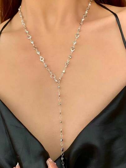 1 件镂空心形和水钻装饰 Y 形链项链，金色/银色，非常适合派对、音乐节、情人节等。情人节