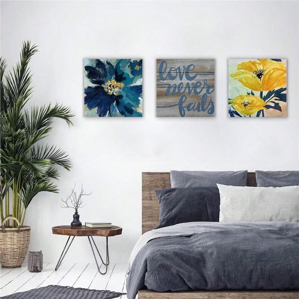3Pcs Yellow Blue Wall Art Canvas Flowers Wall Decor For Living Room
