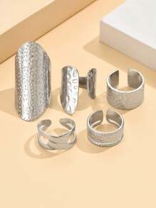 5pcs/Set Vintage Baroque Style Asymmetrical Texture Open Stainless Steel Rings For Women, Perfect For Parties And Gift Giving - Set Ring - View 3