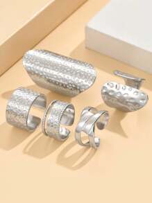 5pcs/Set Vintage Baroque Style Asymmetrical Texture Open Stainless Steel Rings For Women, Perfect For Parties And Gift Giving - Set Ring - View 2