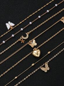 17KM 11 件/套简约心形、蝴蝶、珍珠、星星和月亮吊坠项链套装，女士度假、约会、礼物、日常派对配饰 - 金黃色-11件 - 查看 8