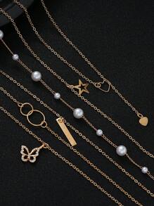 17KM 11 件/套简约心形、蝴蝶、珍珠、星星和月亮吊坠项链套装，女士度假、约会、礼物、日常派对配饰 - 金黃色-11件 - 查看 9