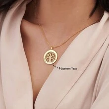 Customized Personalized Stainless Steel Name Engraving Pendant Necklace With Family Tree & Letter Charm, Embellished With Rhinestone, Ideal Jewelry Gift For Family