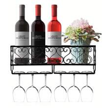 LIVINGANDHOME Living And Home Wall-Mounted Wine Rack,Wine Bottle Rack Glass Shelf Storage Rack,Wine Display Stand Holder,Iron Frame Stemware Racks - Black - View 8