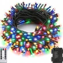 1串户外LED灯串，33英尺/100颗LED灯珠，电池供电，带遥控器，8种模式，6小时亮/18小时灭，防水，适用于圣诞树、花园、派对、节日、家居装饰、生日礼物（多色）