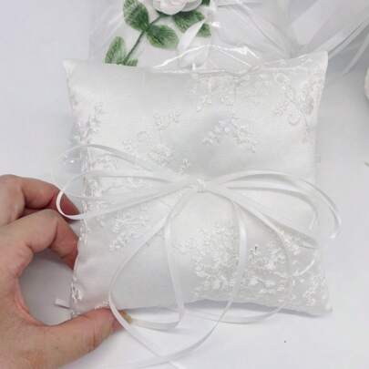 1pc Lace Square Ring Pillow,White Wedding Ring Pillow, Simple Collection Of Big Bow, Ring Bearer Holder For Wedding Party Ceremony,Christmas