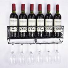 LIVINGANDHOME Living And Home Wall-Mounted Wine Rack,Wine Bottle Rack Glass Shelf Storage Rack,Wine Display Stand Holder,Iron Frame Stemware Racks - Black - View 6